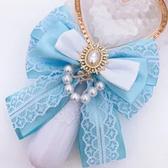 キンブレリボン ペンライトリボン 白レース×パールチャーム 水色　★ハンドメイド