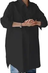 Banane D'or レディース ロング丈 長袖 襟付き シャツ ワンピース ブラウス チュニック(ブラック,  L)