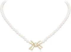 ROSELLA パールネックレス リボントップ 短め ホワイト アジャスターチェーン付き パールビーズ プチプラ かわいい アクセサリー レディース(ホワイト,  中)