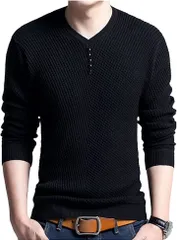 RICOLUS Vネック カットソー トップス カジュアル 薄手 おしゃれ シンプル 無地 長袖 メンズ( ブラック,  S)