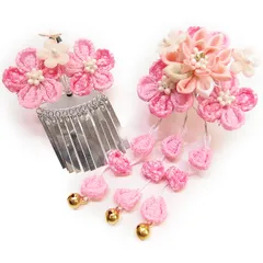 七五三 髪飾り 三歳 七歳 2個 セット パッチン留め かんざし 簪 つまみ細工 ちりめん 縮緬 びらびら お正月 お雛祭り 十三参り 浴衣 女児 女の子 子供 卒園 花 舞妓 W 髪飾り No.325 ピンク m902