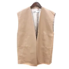 ザラ ZARA ベスト 前開き 総裏地 フェイクレザー S ベージュ /MN
