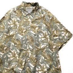 90's 00's エディーバウアー コットン リネン アロハシャツ 半袖 (L) 総柄 リーフ柄 90年代 旧タグ オールド ハワイアンシャツ EddieBauer　アメリカ古着 USED  ビンテージ ヴィンテージ