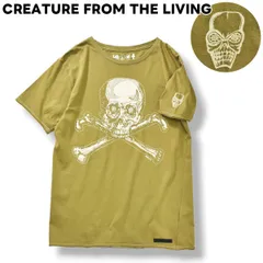 【新品未使用】 日本製 クリーチャー フロム ザ リヴィング CREATURE FROM THE LIVING 『 JOLLY CREATURE 』 クロスボーン スカル プリント Tシャツ クルーネック ホワイトステッチ カットオフ M オリーブ メンズ