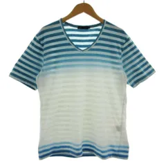 メンズメルローズ MEN'S MELROSE Tシャツ  Vネック 半袖 コットン混 グラデーション ボーダー ブルー系 青系 水色 ホワイト 白 4