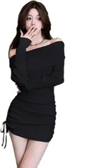 FUPUTWO ニット ワンピース レディース セクシー リブ セーター 長袖 オフショルダー(ブラック,  Free Size)