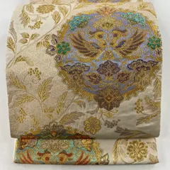 袋帯 秀品 向かい鳥文 花唐草 金銀糸 箔 ベージュ 六通 正絹 【中古】