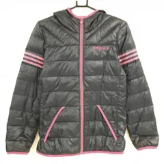 アディダス フード付ダウンジャケット ネイビー×ピンク 軽量 袖3ライン レディース L ゴルフウェア adidas