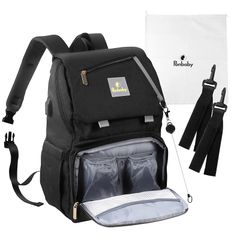 [Ponbaby] マザーズリュック (大容量 / 16のポケット) マザーズバッグ リュック 軽量 多機能 USBポート付き (オールブラック) 出産祝い プレゼント