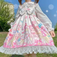 ロリータワンピース JSK ジャンパースカート ホワイト アイボリー イラスト柄 猫柄 レトロ ジャンスカ ジャンバースカート フリル レース リボン コスプレ メイド お茶会 撮影 発表会