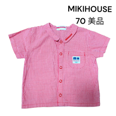 【ミキハウス】美品 半袖 チェック 刺繍 ブラウス シャツ 70 ギンガムチェック 春夏　MIKIHOUSE 子供服