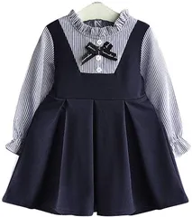 しあわせ倉庫 リボン付き ワンピース 子供 女の子 長袖 子供服 子供ドレス 結婚式 発表会(ネイビー,  130)