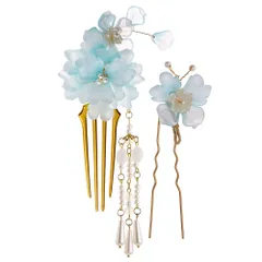 『在庫処分』 かわいい 袴 袴 かんざし 髪かざり コーム 浴衣 卒業式 着物 和装 入学式 おしゃれ 卒園式 Uピン 結婚式 髪飾り 成人式 髪飾り 漢服 胡蝶 ブルー系 花 (ブルー系) 2点セット