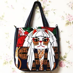 和柄丸みトートバッグ 福ねこ歌舞伎 連獅子 まねき猫手提げバッグ Dカン付き2WAY ハンドメイド からかる雑貨店