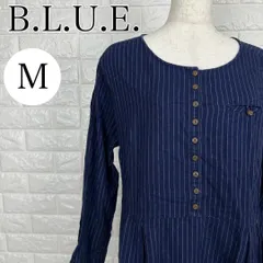 【A1528】 B.L.U.E. ビーエルユーイー ひざ丈ワンピース 長袖 ストライプ ネイビー カジュアル ノーカラー 綿100％ レディース