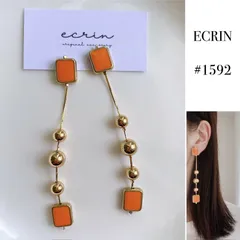 【#1592】オレンジ　ゴールド　チェーン　ハンドメイド　アクセサリー　ピアス　イヤリング　大ぶり　結婚式　入学式　ブライダル