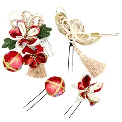 髪飾り ４点セット 赤 白 成人式 花 つまみ細工 ちりめん 水引 和風 結婚式 浴衣 七五三 卒業式 入学式 ヘアアクセサリー 髪留め 日本製 バレンタイン クリスマス 誕生日 送料無料 アカ W 78 324-302 u784　Si