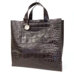 WG25027 新品同様 極美品 FURLA フルラ トートバッグ クロコ型押し レザー ロゴチャーム スクエア ハンドバッグ 手持ち 鞄 濃茶 ダークブラウン イタリア製 レディース