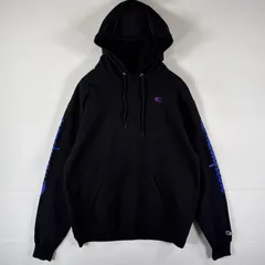 古着 チャンピオン Champion パーカー プルオーバー  フーディ スウェット 袖ロゴ ワッペン ワンポイントロゴ刺繍 L  ブラック メンズ