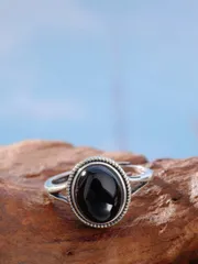 リング レディース シングル 天然ブラックオニキス 925シルバー リング 10x8mm オーバルストーン ミルグレイン&シードビーズ ヴィンテージ調 調整可能バンド、アールヌーボー 天然クリスタル ジュエリー ア