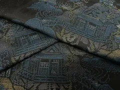 平和屋着物●本場大島紬　9マルキ　地空　風景草花文　黒地　正絹　逸品　AAAU8347zg 平和屋着物○本場大島紬 9マルキ 地空 風景草花文 黒地 正絹 逸品