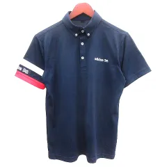 アディダス adidas ポロシャツ カットソー ボタンダウン プリント ライン 半袖 S 紺 ネイビー /AU