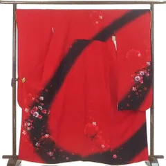 振袖 身丈167cm 裄丈70cm 前幅24.5cm 後幅30.5cm 袖丈108cm 袖幅36cm レディース 袷 桜 裄長 裄L-LLサイズ 秋冬春用 ポリエステル レッド トールサイズ 美品 リメイク リユース リサイクル【呉服のきくや】