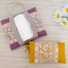 キーホルダーみたいなポケットティッシュケース　帆布（2色）＋インド刺繍リボン（ピンクレース）① 花粉症　プレゼント　男性やお子様にもオススメ