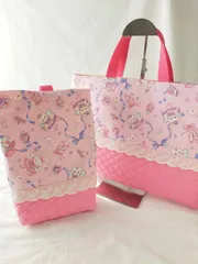 訳あり特価！　ハンドメイド　マジカルうさぎのレッスンバッグと上靴袋のセット　入園入学　通園バッグ　シューズバッグ　うさぎ　ピンク