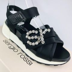 新品未使用★sergio rossi・セルジオロッシ SR レディース サテン レザー クリスタルビジュー付き ベルクロストラップ サンダル（22㎝相当）