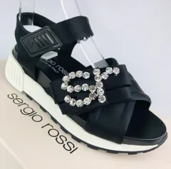 新品未使用★sergio rossi・セルジオロッシ SR レディース サテン レザー クリスタルビジュー付き ベルクロストラップ サンダル (22㎝相当) ブランド イタリア製 レディース 靴 ブラック