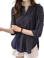 ストライプシャツ ブラウス レディース ストライプ スリット 七分袖 ゆったり 大きいサイズ プルオーバー トップス お洒落 可愛い カジュアル 通勤 日常 秋 長袖 きれいめ シャツ オフィス フォーマル 秋 おしゃれ 韓国 きれいめ 白 ビジネス 秋冬