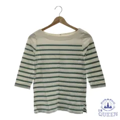 ☆美品☆ MUJI 無印良品 トップス カットソー ボートネック ボーダー 五分袖 レディース ホワイト グリーン S 901-9569 送料無料 古着