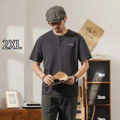 [2XL ]メンズ ファッション 服 男性用 オシャレ シンプル 大人 かっこいい ストリート アメリカン ストライプ 半袖 Tシャツ ゆったり カジュアル レトロ ヘンリーネック シャツ 