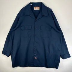 古着 90's/90年代 ディッキーズ Dickies 長袖シャツ ワーク 作業着 フラップポケ 大きいサイズ USA製 ワンポイント ロゴ 2XL  ネイビー 無地 メンズ