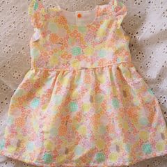 ダブルガーゼのフリル袖ワンピース　花柄　オレンジ