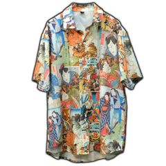 浮世絵柄 総柄シャツ 半袖 XLサイズ AOP 和柄 歌舞伎 四谷階段 ポリシャツ アロハシャツ