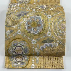 袋帯 逸品 華文 七宝 金銀糸 刺繍 金色 六通 正絹 【中古