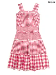 古着 ギンガムチェック フリル リボン ベルト付き コットン100％ ロング丈 キャミソール ティアード ワンピース ピンク (otu2504300)