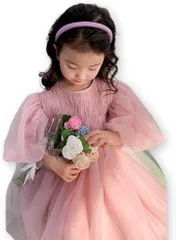 MTP & Style チュール レース ワンピース ピンク バルーン袖 ベビー ドレス 結婚式 誕生日 キッズ 子供 プレゼント お祝い(100,  M)