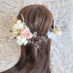 ヘッドドレス 髪飾り＊結婚式 成人式 卒業式 和装 打掛 振袖 袴~プリザーブドミニバラ ローズ ユーカリ~ピンク 桃色 アンティーク ナチュラル 20本