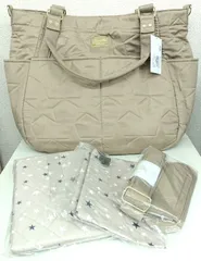 巾着＆マルチマット付き 2WAYトート型ママバッグ マザーズバッグ マルチトート ショルダー 16ポケット お出かけ 入院 キルティング 星柄 スターキルト  ベージュ2 内側ベージュ 7096BE