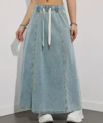 【ライトブルー】デニム スカート ロング レディース Aライン ハイウエスト ウエストゴム ワイドライン ドローストリング付き 体型カバー カジュアル 春 秋 冬 大人かわいい きれいめ