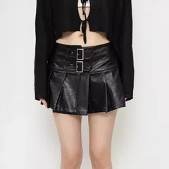 レザー プリーツ ミニスカート ダブルベルト ローライズ ブラック