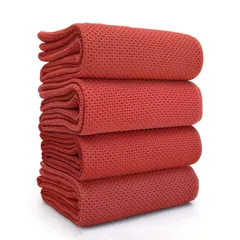 【新着商品】ふきん 4枚入り 強力吸水 布巾 掛けループ付き キッチンクロス 雑巾 手拭き用ハンドタオル 防臭 北欧 衛生 抗菌 キッチンタオル 洗面台拭きタオル ワッフル調 レッド 33*71cm