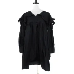 ザラ ZARA ワンピース ミニ 長袖 ビックカラー セーラーカラー ギャザー コットン 薄手 パンチング刺繡 S 黒 ブラック /BT