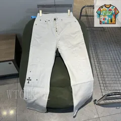 【今日特価】Chrome Hearts 白牛王 金属十字架白色レザー?接ジーンズ-1