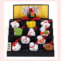 錦彩　招福寿々十二支段飾り（土鈴・小）　97　※陶器,置物,飾り,開運招福,縁起物,和,民芸品,工芸品,日本,雑貨,レトロモダン,かわいい,可愛い,干支,お正月,迎春,カラー,まとめ買い