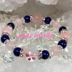 ラピスラズリ ピンク彫り サクラ柄水晶 天然石ブレスレット