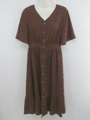 ◇ ELENCARE DUE エレンカーレデュエ Vネック 総柄 半袖 膝下丈 ワンピース サイズF ブラウン系 マルチ レディース P  【中古】 【1210240009315】